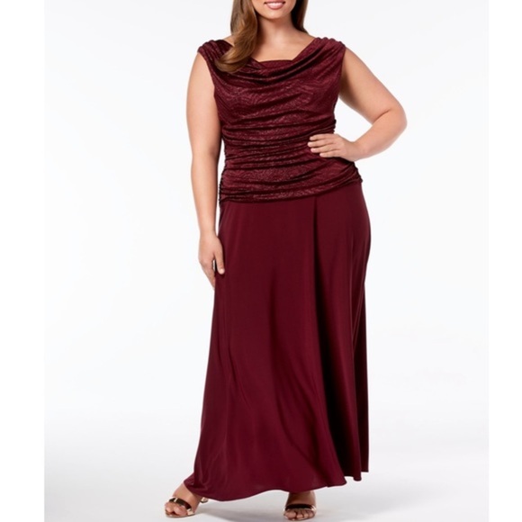 Women’s Formal Dress Plus Size 16W Maroon Glitter Ruched R&M Richards Gown Prom - Picture 1 of 4